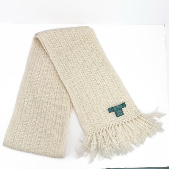 Lauren Ralph Lauren Cream Cable Tight Knit Fringe Lamb Wool Rabbit Hair Scarf - Picture 3 of 9